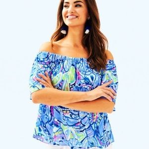 Lilly Blue print off shoulder shirt